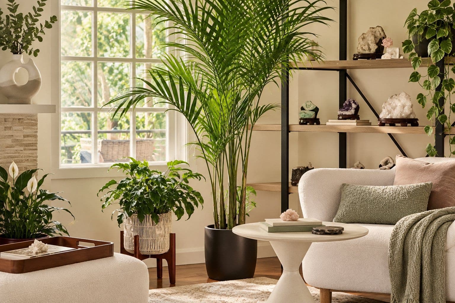 A corner of the lounge, with a palm and a shelf of crystals