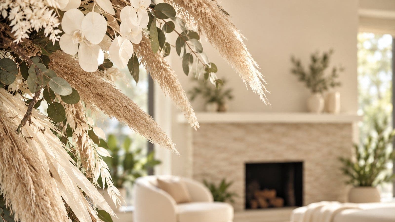 Dried pampas grass and orchids before the fireplace